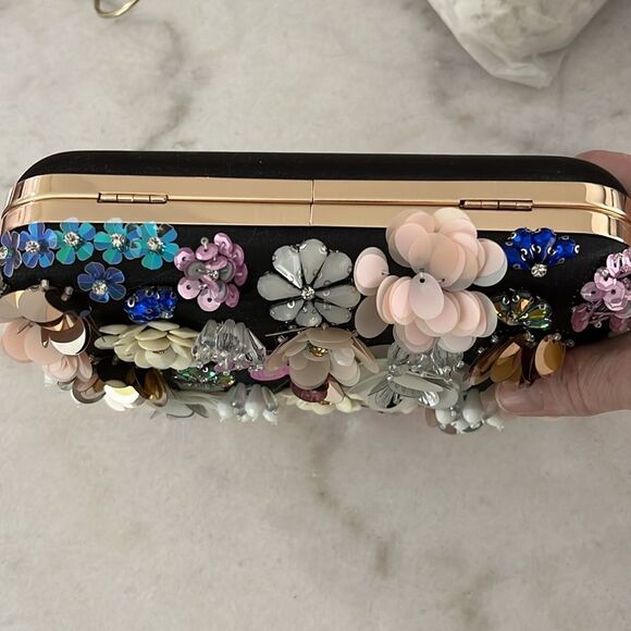 Stunnng Floral Evening Bag Removable Chain Sequins,Jewels,Mixed Medium Handmade - Picture 10 of 12